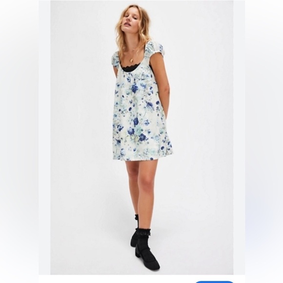 Free People Wildflower Printed Mini Dress Sml Porcelain Combo Linen Cottagecore - Picture 2 of 10
